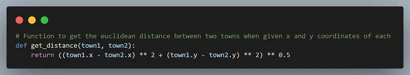 Code snippet for finding distance between points