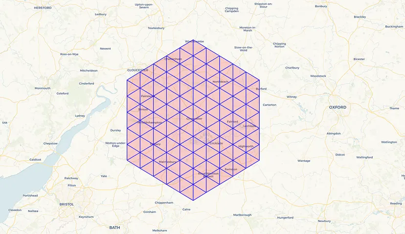 Folium output of 150 triangled mapped over my region